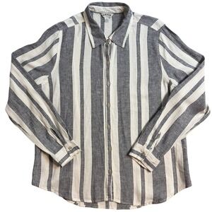 ORVIS Striped Linen Blend Button Down Shirt Women Black White Large
